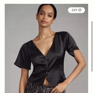 Anthropologie Black Satin Buttoned Top